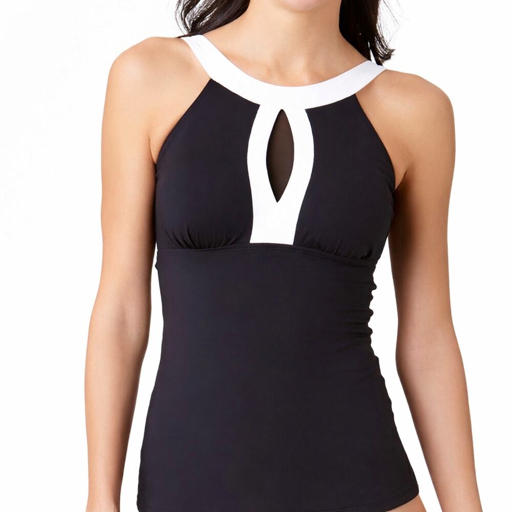 NWT Liz Claiborne High Neck Tankini Swim Top Black White Plus Size 18W
